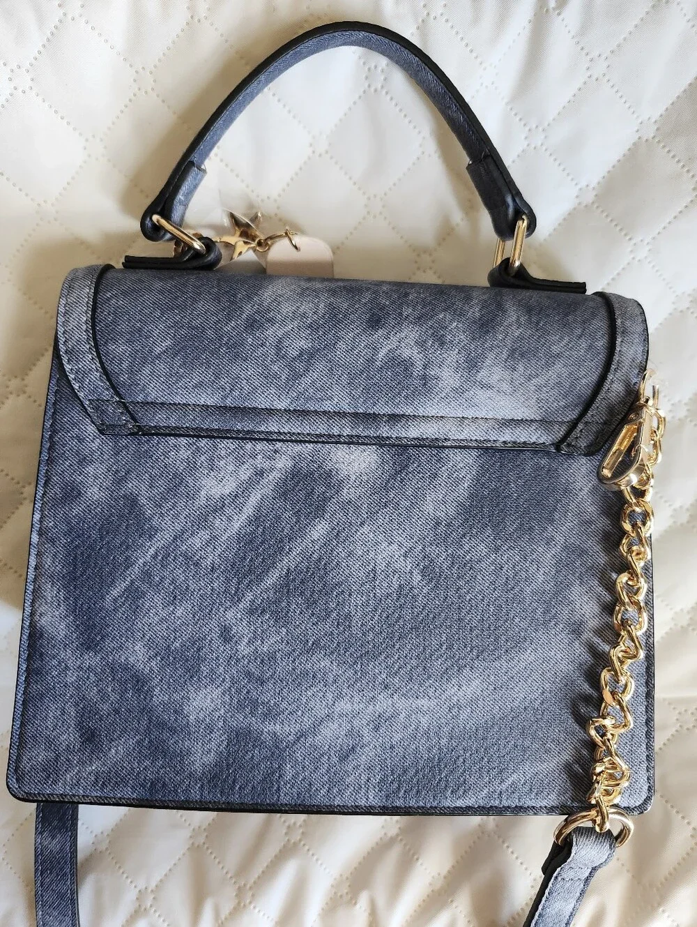 ALDO Pattern Blue Top-Handle Satchel with Gold Hardware